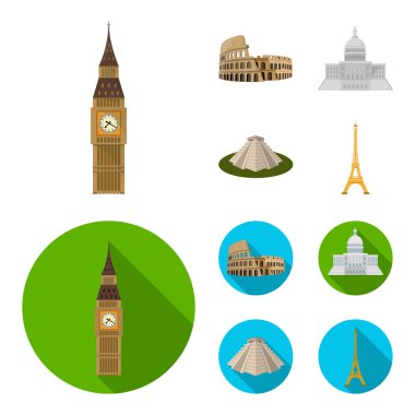 Farklı ülkelerin manzaraları karikatür, set koleksiyonu tasarım için düz simgeler. Ünlü bina sembol stok web illüstrasyon vektör.