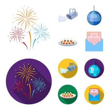 Duman, twirling bir tatil top, sandviç bir tabak, bir tebrik kartı olan bir zarf ile bir video kamera. Etkinlik Hizmetleri toplama simgeler çizgi film, düz stil vektör simge stok illüstrasyon ayarla.