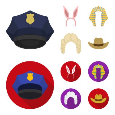Tavşan kulağı, Yargıç peruk, kovboy. Şapka toplama simgeler çizgi film, düz stil vektör simge stok çizim web ayarla..