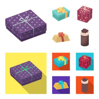 Fiyonklu hediye paketi hediye kutusu. Hediyeler ve sertifikaları çizgi film, düz stil vektör simge stok çizim web simgeler ayarla.