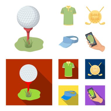 Golf club, güneşlik, golfçü gömlek, telefon bir navigator ile kap arması. Golf Kulübü çizgi film, düz stil vektör simge stok çizim web simgeler ayarla.