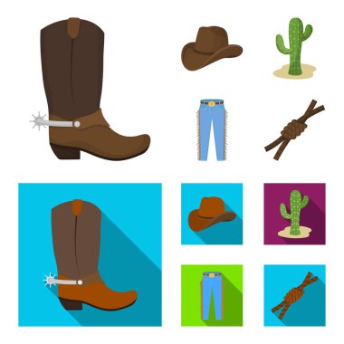 Şapka, kaktüs, kot, kement düğüm. Rodeo toplama simgeler çizgi film, düz stil vektör simge stok çizim web ayarla..