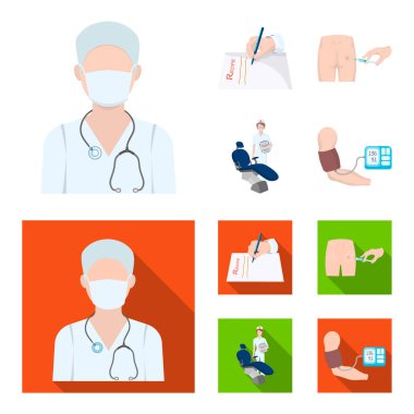 Kas içi enjeksiyon reçete, diş hekimi, kan basıncı ölçüm. Medicineset toplama simgeler karikatür, düz stil vektör simge stok çizim web.