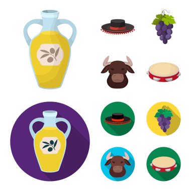 Todeador, matador, bir avuç üzüm ile yumruk, bir boğa için İspanyol boğa güreşi, bir tef şapka. İspanya ülke toplama simgeler çizgi film, düz stil vektör simge stok ayarla.