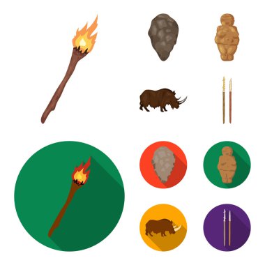 İlkel, kadın, Erkek, sığır. Taş devri çizgi film, düz stil vektör simge stok illüstrasyon toplama simgeler ayarla .