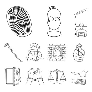 Suç ve ceza set koleksiyonu tasarım için simgeleri anahat. Suç vektör simge stok web çizim.