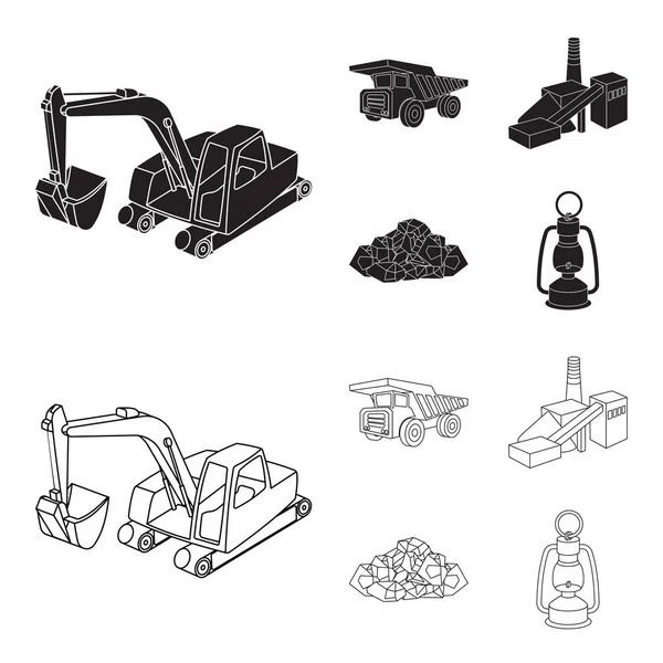 Escavatore, dumper, impianto di lavorazione, minerali e ore.Mining industria set icone di raccolta in nero, contorno stile vettore simbolo stock illustrazione web . — Vettoriale Stock