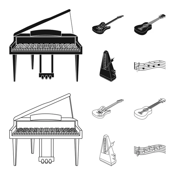 Instrumento musical preto, ícones de contorno na coleção de conjuntos para design. Instrumento de corda e vento isométrico vetor símbolo web ilustração . — Vetor de Stock