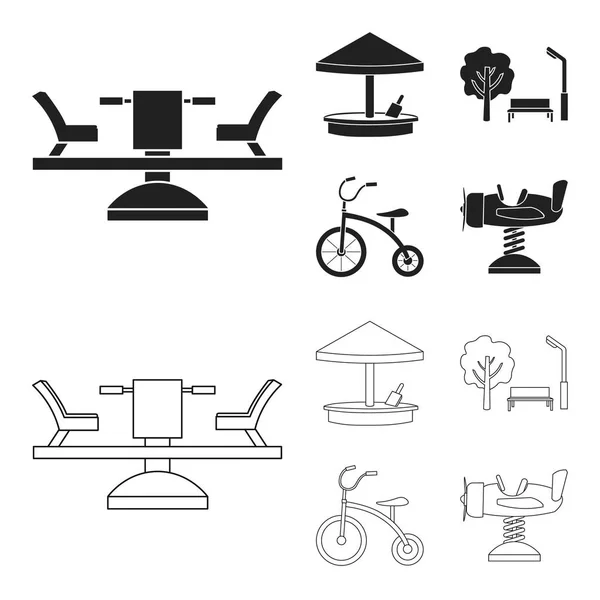 Carusel, sandbox, parc, tricicleta. Locul de joacă set de pictograme de colecție în negru, stil contur simbol vector stoc ilustrație web . — Vector de stoc