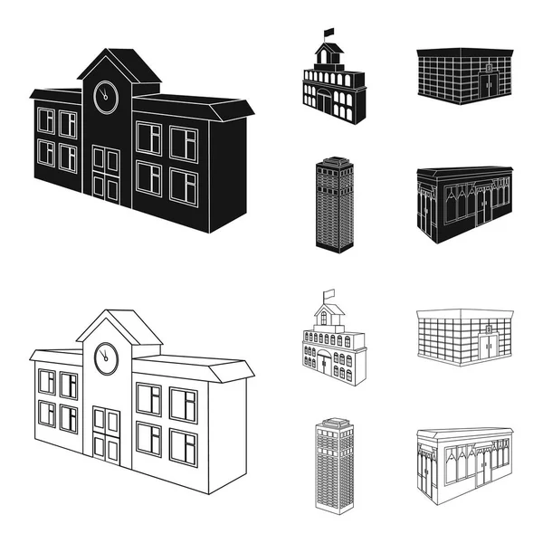 Банковский офис, небоскреб, здание мэрии, здание колледжа. Иконки коллекции архитектурных и структурных наборов в черной паутине с векторными символами очертаний . — стоковый вектор