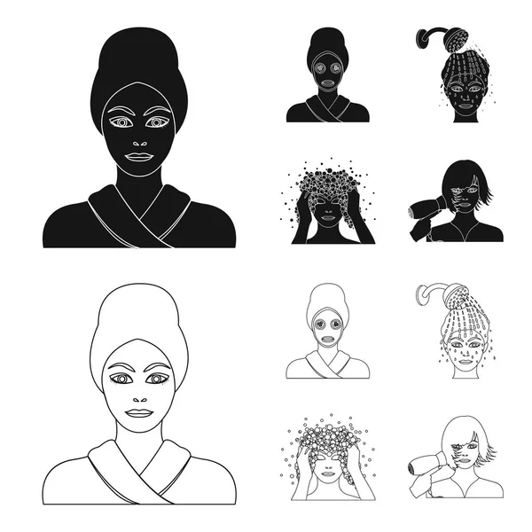 Eller, hijyen, kozmetik ve diğer web simge siyah stil anahat. Banyo, kıyafet, simgeler kümesi koleksiyonundaki anlamına gelir..