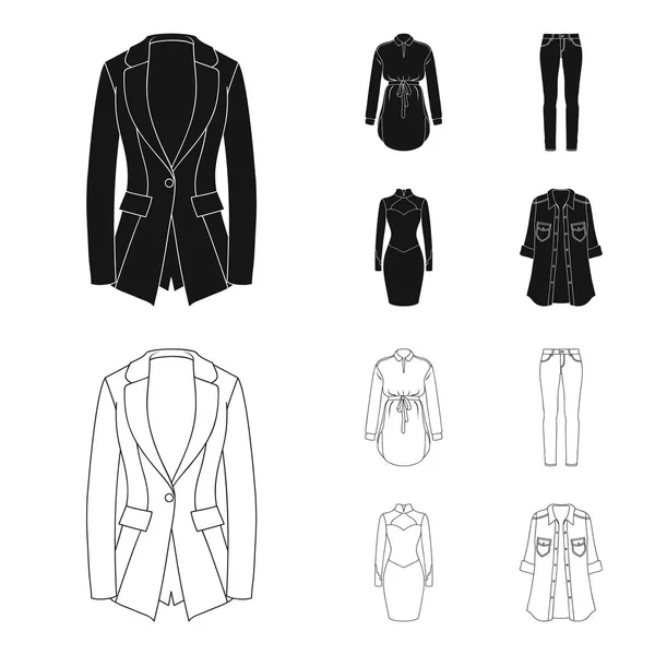 Ženy oblečení černé, osnovy ikony v nastavení kolekce pro design. Odrůdy oblečení a doplňky symbol akcií webové vektorové ilustrace. — Stockový vektor