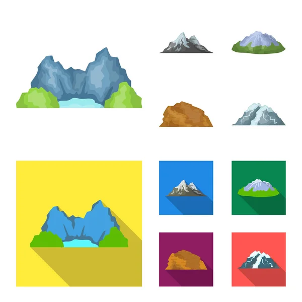 Montanhas no deserto, um pico nevado, uma ilha com uma geleira, uma montanha coberta de neve. Diferentes montanhas conjunto coleção ícones em desenhos animados, estilo plano símbolo vetorial estoque ilustração web . — Vetor de Stock