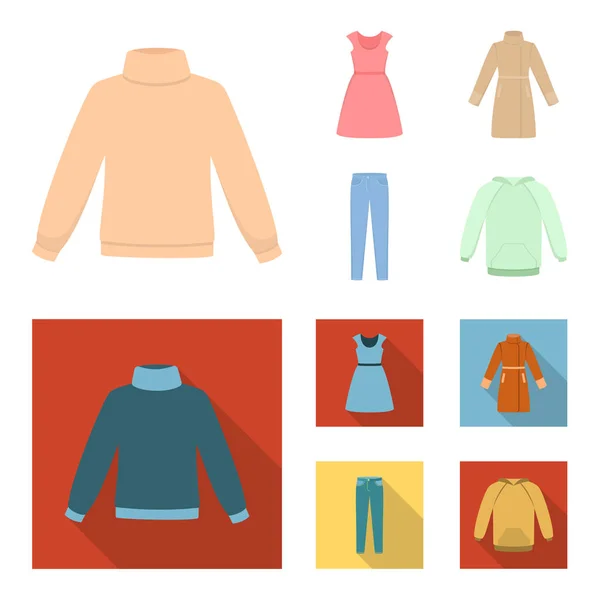Šaty s krátkými rukávy, kalhoty, pláště, raglánového "švu". Oblečení sada kolekce ikon v karikatuře, plochý vektor symbol akcií ilustrace web. — Stockový vektor