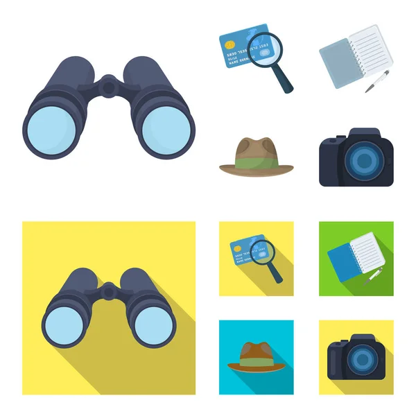 Camera, magnifier, hat, notebook with pen.Detective set collection icons in cartoon, flat style vector symbol stock illustration web . — стоковый вектор