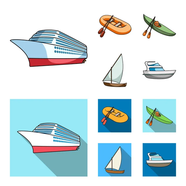 一艘橡皮渔船, 一只划着桨的独木舟, 一条钓鱼帆船, 一辆摩托游艇。船舶和水运集合图标在卡通, 平面式矢量符号股票插画网站. — 图库矢量图片