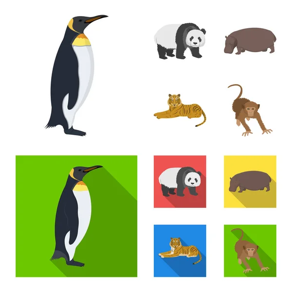 Bambusbär, Nilpferd, wilder Tiger, Affe. wilde Tier Set Sammlung Symbole in Cartoon, flachen Stil Vektor Symbol Stock Illustration Web. — Stockvektor