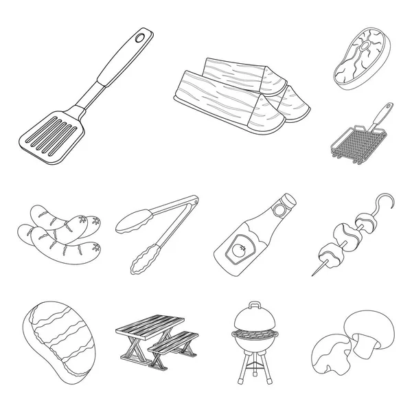 Set koleksiyonu tasarım için Barbekü ve ekipman anahat simgeleri. Piknik ve kızartmaları sembol stok web illüstrasyon vektör.