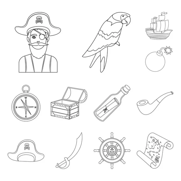 Korsan, deniz soyguncu anahat simgeleri set koleksiyonu tasarım için. Hazineler, öznitelikleri sembol stok web illüstrasyon vektör.