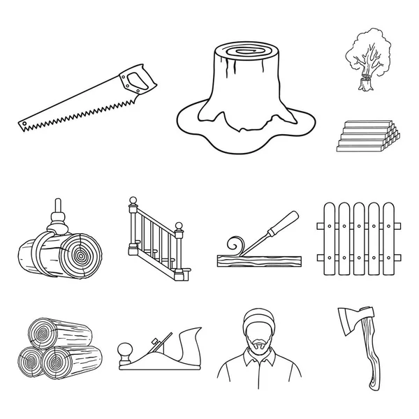 Sawmill and Timber outline icons in set collection for design. Hardware and Tools vector symbol stock web illustration. — Stock Vector