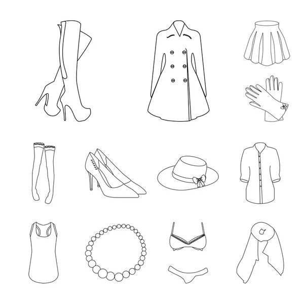 Frauen Kleidung umreißen Symbole in Set-Kollektion für Design. Kleidung Sorten und Accessoires Vektor-Symbol Stock Web-Illustration. — Stockvektor