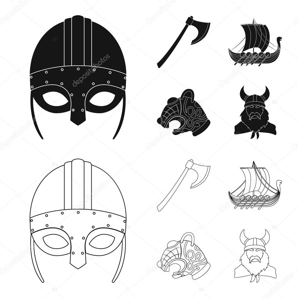 Viking helmet, battle ax, rook on oars with shields, dragon, treasure. Vikings set collection icons in black,outline style vector symbol stock illustration web.