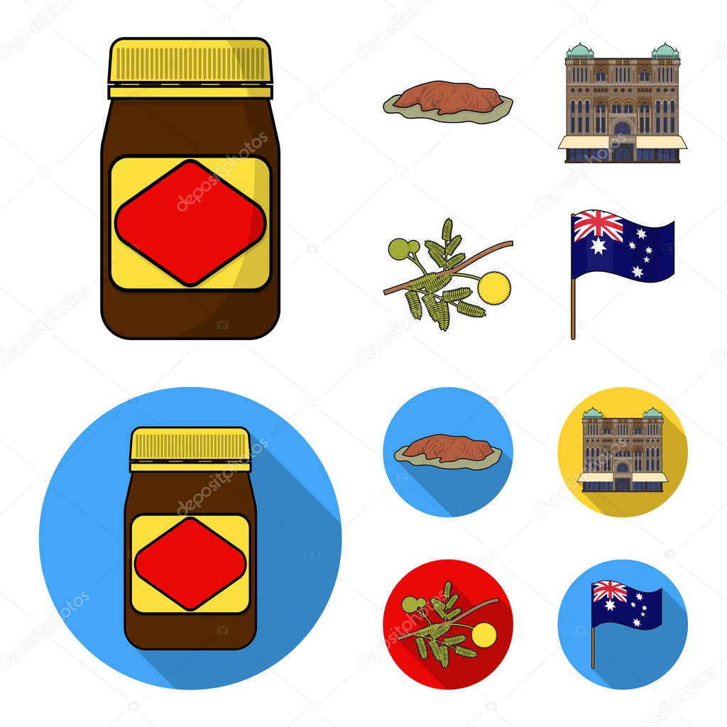 The palace of Queen Victoria, Mount Uluru, a flower of a mimosa, a national flag.Australia set collection icons in cartoon,flat style vector symbol stock illustration .