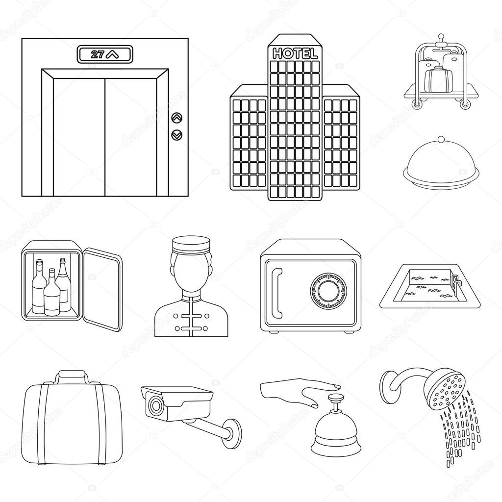 Hotel and equipment outline icons in set collection for design. Hotel and comfort vector symbol stock  illustration.