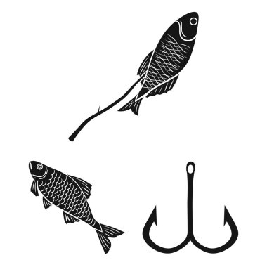 Balık tutma ve set koleksiyonu tasarım için geri kalan siyah simgeler. Vektör simge stok web illüstrasyon Balık tutma için mücadele.