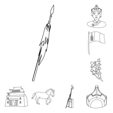 Ülke Moğolistan anahat simgeleri set koleksiyonu tasarım için. Bölge ve dönüm noktası sembol stok web illüstrasyon vektör.