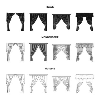 Different types of window curtains.Curtains set collection icons in black,monochrome,outline style vector symbol stock illustration web.