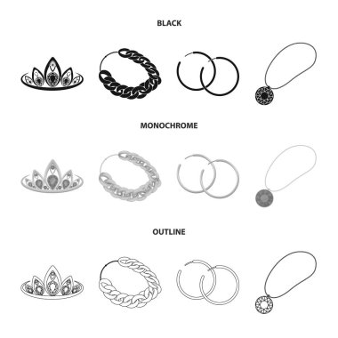 Taç, altın zincir, küpe, kolye bir taşla. Takı ve aksesuar koleksiyonu Icons set siyah, tek renkli, anahat stili vektör simge stok çizim web.