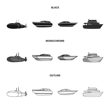 Askeri bir denizaltı, sürat teknesi, bir zevk tekne ve ruhu tekne. Gemi ve Su ulaştırma araçları koleksiyonu Icons set siyah, tek renkli, anahat stili vektör simge stok çizim web.