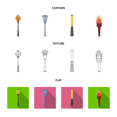 Retro tarzı, modern fener, meşale ve diğer tip-in sokak sokak lâmbası direği. Elektrik direği koleksiyonu Icons set çizgi film, anahat, düz stil vektör simge stok çizim web.