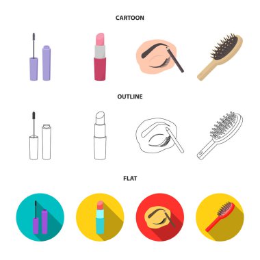 Maskara, saç fırçası, ruj, kaş kalemi, çizgi film, anahat, düz stil vektör simge stok çizim web makyaj koleksiyonu icons set.