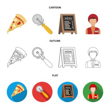 Bir pizza kesici, bir dilim, bir menüde bir pizzacı, bir kurye. Pizza ve pizza koleksiyonu Icons set çizgi film, anahat, düz stil vektör simge stok çizim.