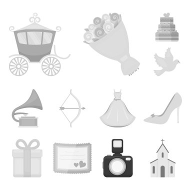 Düğün ve öznitelikler tek renkli simgeler set koleksiyonu tasarım için. Sembol stok web illüstrasyon vektör yeni evliler ve aksesuarları.