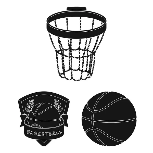 Baloncesto y atributos iconos negros en la colección de conjuntos para el diseño.Jugador de baloncesto y equipo vector símbolo stock web ilustración . — Archivo Imágenes Vectoriales