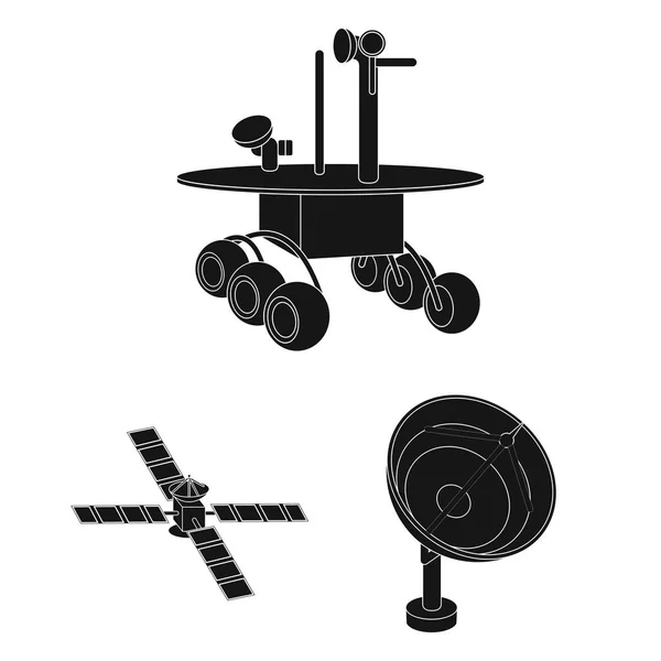 Χώρο τεχνολογία μαύρο εικονίδια στη συλλογή σετ για σχεδιασμό. Διαστημικά οχήματα και εξοπλισμός σύμβολο μετοχής web εικονογράφηση διάνυσμα. — Διανυσματικό Αρχείο