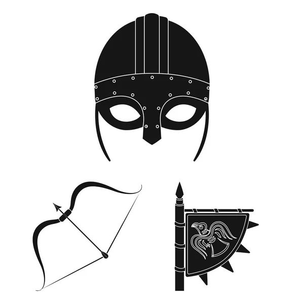 Βίκινγκς και τα χαρακτηριστικά μαύρα εικονίδια στη συλλογή σετ για σχεδιασμό. Παλιά Σκανδιναβική πολεμιστής διάνυσμα σύμβολο μετοχής web εικονογράφηση. — Διανυσματικό Αρχείο