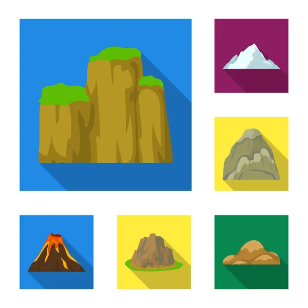 Diferentes montañas iconos planos en la colección de conjuntos para design.Mountains y vector de paisaje símbolo stock web ilustración . — Archivo Imágenes Vectoriales