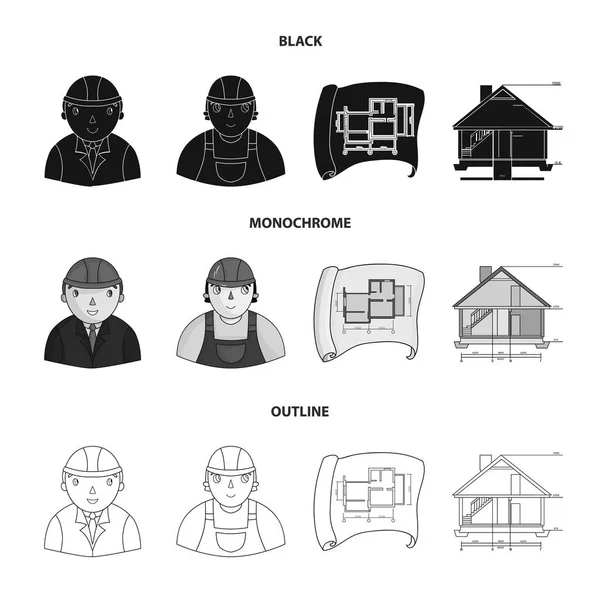 Engineer-constructor, construction worker, site plan, technical drawing of the house. Architecture set collection icons in black,monochrome,outline style vector symbol stock illustration web. — Stock Vector