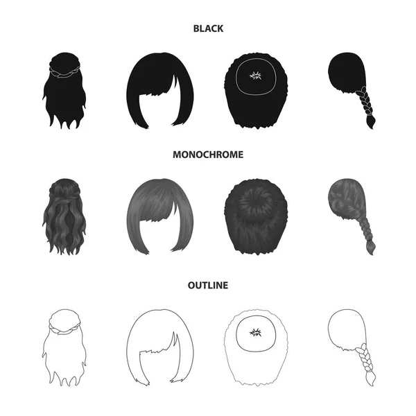Kara, kırmızı örgü ve diğer türleri saç. Arka saç toplama Icons set siyah, tek renkli, anahat stili vektör simge stok çizim web. — Stok Vektör