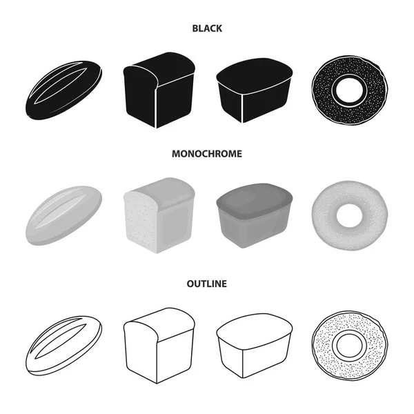 パンをカット、ベーグル、長方形の暗い、パン半分。パンは黒、白黒、アウトライン スタイルのベクトル シンボル ストック イラストの web コレクションのアイコンを設定. — ストックベクタ