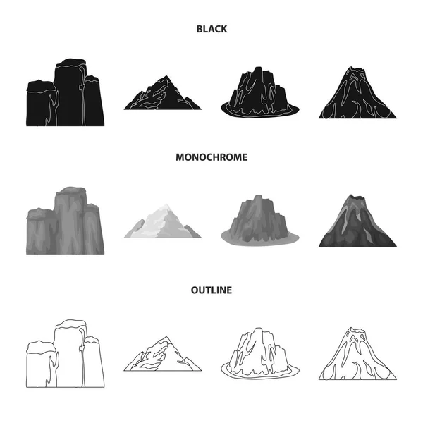 Tvärbranta klippor, ett vulkanutbrott, ett berg med en strand, en glaciär. Olika bergen som samling ikoner i disposition stil vektor symbol stock illustration web, svart, svartvitt. — Stock vektor