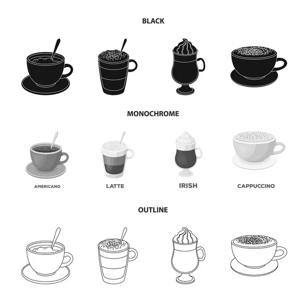 Amerikansk, sena, irländska, cappuccino. Olika typer av kaffe som samling ikoner i disposition stil vektor symbol stock illustration web, svart, svartvitt. — Stock vektor