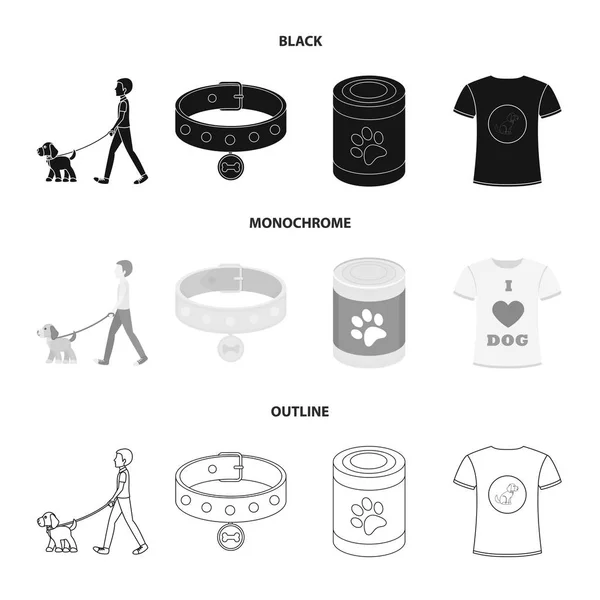Muž chodí se psem, límec s medaili, potraviny, triko I love pes. Pes sada kolekce ikon v černá, černobílá, osnovy styl vektor symbol skladem ilustrace web. — Stockový vektor