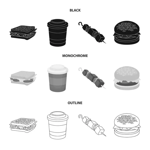 Sandwich, café, shish kebab, burger.Fast food set collection icônes en noir, monochrome, contour style vectoriel symbole illustration web . — Image vectorielle