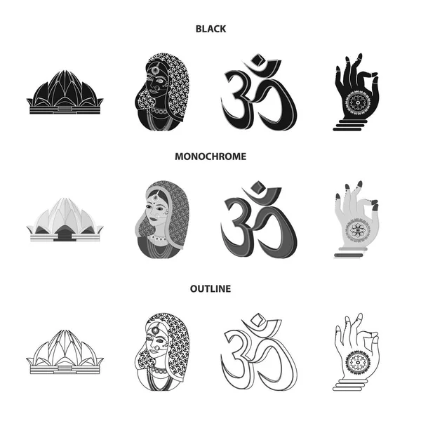 País India negro, monocromo, iconos de contorno en la colección de conjuntos para design.India y símbolo de vector hito stock web ilustración . — Archivo Imágenes Vectoriales