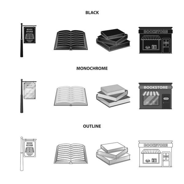 En skylt, en bokhandel, en trave böcker, en öppen bok. Ett bibliotek och en bokhandel som samling ikoner i disposition stil vektor symbol stock illustration web, svart, svartvitt. — Stock vektor